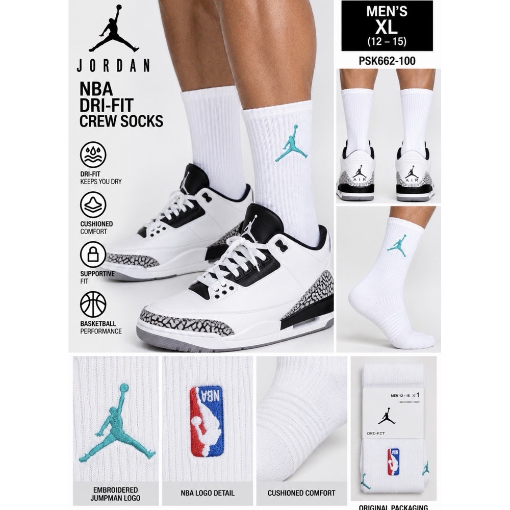 Jordan NBA Dri-FIT Crew Socks Mens XL 12-15 White Teal Jumpman PSK655-013 NWT